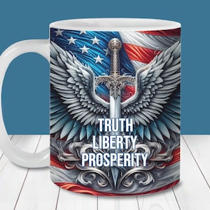 Envoltório de caneca com bandeira dos EUA Truth Liberty Prosperity, modelo de caneca de 11 onças e 15 onças, sublimação PNG, design de caneca patriótica de 4 de julho, download instantâneo