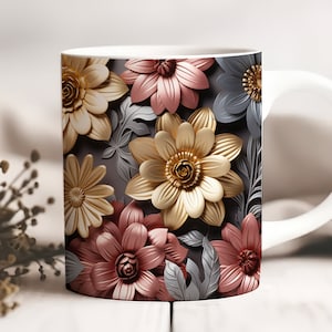 3D Gold Copper Flowers Mug Wrap, 11oz and 15oz Mug Template, Instant Digital Download, Mug Sublimation PNG, Wedding Gift, Floral Mug Wrap