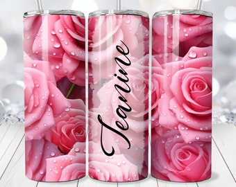 Pink Roses Add Name Tumbler Wrap, 20oz Skinny Tumbler PNG, Straight and Tapered Tumbler Wrap, Instant Download, Valentine Tumbler Wrap
