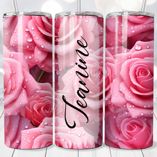 Rosa Rosen fügen Name Tumbler Wrap, 20 Unzen Skinny Tumbler PNG, gerade und konische Tumbler Wrap, Sofortiger Download, Valentine Tumbler Wrap