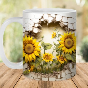 Emballage de tasse tournesol 3D, modèle de tasse 11 oz et 15 oz, téléchargement numérique instantané, sublimation de tasse PNG, tasse cadeau de mariage, conception de tasse florale