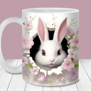 Lot de 3D Lapin blanc trou dans une tasse murale, modèle de tasse 11 oz et 15 oz, sublimation de tasse PNG, tasse lapin mignon, tasse lapin de Pâques