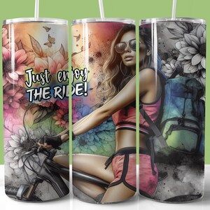Genießen Sie einfach die Fahrt Radfahren Tumbler Wrap, 20 Unze Skinny Tumbler Sublimation PNG, inspirierendes Zitat Tumbler Frau Radfahrer