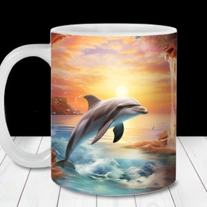 3D dauphin trou dans la grotte Mug Wrap, modèle de tasse 11 oz et 15 oz, téléchargement numérique instantané, sublimation de tasse PNG, conception de tasse à café dauphin
