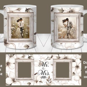 Mr. and Mrs. 2026 White Floral Photo Mug Wrap, Personalized Wedding Gift, 11oz and 15oz Mug Template, PNG Digital Download