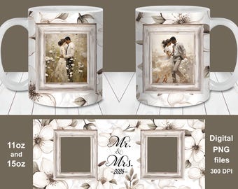 Mr. and Mrs. 2026 White Floral Photo Mug Wrap, Personalized Wedding Gift, 11oz and 15oz Mug Template, PNG Digital Download