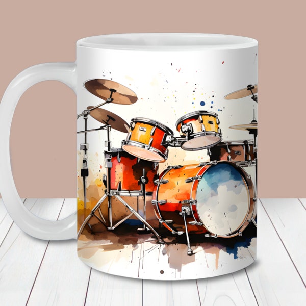 Aquarel Drumstel Mok Wrap, 11oz & 15oz Mok Wrap Template PNG, Instant Digitale Download, Mok Sublimatie PNG, Drums Koffiemok PNG