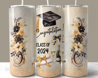 Graduation Class of 2024 Tumbler Wrap, 20oz Skinny Tumbler PNG, Straight and Tapered Tumbler Wraps, Gold Graduation Tumbler Design