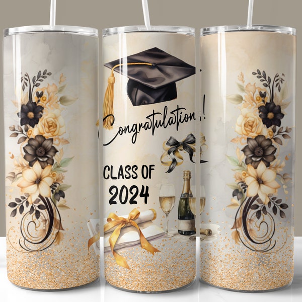 Graduation Class of 2024 Tumbler Wrap, 20oz Skinny Tumbler PNG, Straight and Tapered Tumbler Wraps, Gold Graduation Tumbler Design