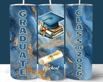 Envoltorio para vaso de graduación azul y dorado de 20 oz, regalo personalizado PNG (descarga digital), nombre y fecha personalizados