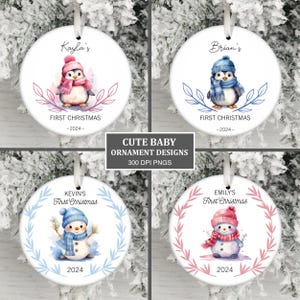Bundle PNG d'ornement premier Noël 2024 pour bébé, sublimation PNG d'ornement de bonhomme de neige pingouin, ornement de bébé personnalisé, nouvelle maman cadeau souvenir
