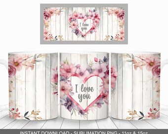 Floral Heart I Love You Mug Wrap, Sublimation Design (Digital Download)