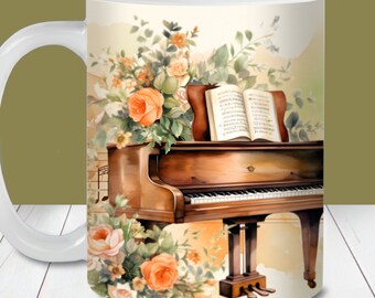 Floral Piano Mug Wrap, 11oz & 15oz Mug Wrap Template PNG, Instant Digital Download, Mug Sublimation PNG, Piano Coffee Mug PNG