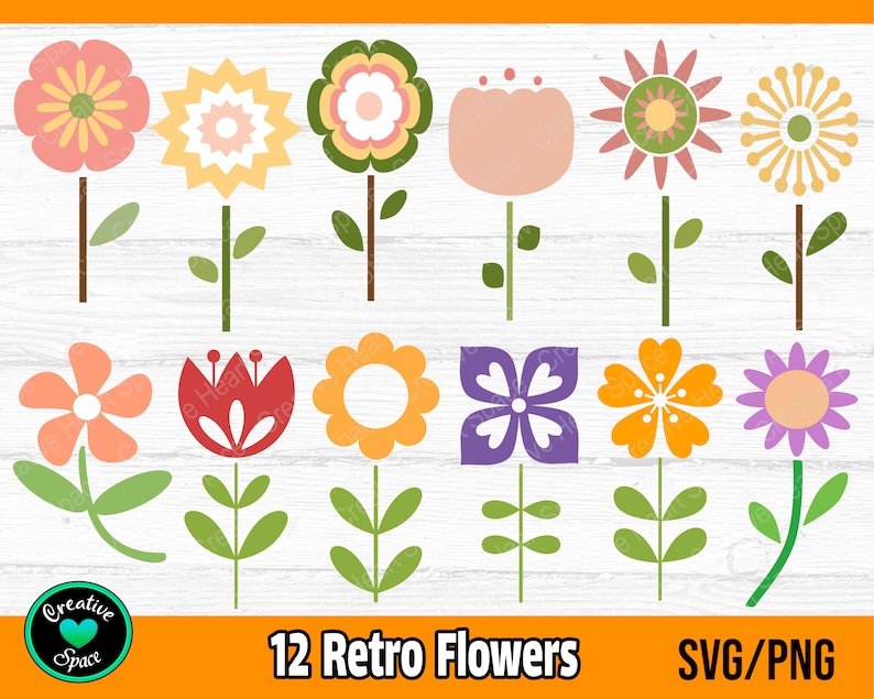 May include: Twelve retro-style flower illustrations in various colours, including pink, yellow, red, green, orange, purple, and brown. The flowers are simple geometric shapes with stems and leaves. The text "12 Retro Flowers" and "SVG/PNG" is at the bottom of the image.
