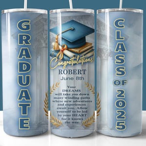 Blue Gold Graduation 2025 Tumbler Wrap, Tumbler Skinny da 20 once PNG, Regalo di laurea personalizzato, Tumbler della classe di laureati del 2025
