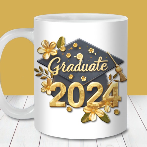 Graduate 2024 Floral Mug Wrap, 11oz and 15oz Mug Wrap Template, Gold and Black Graduate Gift,  Add a Name Graduation Mug