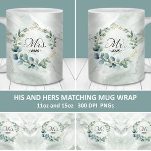 Mr. and Mrs. 2025 Eucalyptus Mug Wrap Bundle PNG, Wedding Newlywed Gift, 11oz and 15oz Mug Template, Instant Digital Download