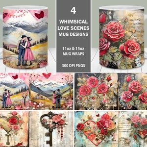 Whimsical Love Scenes Mug Wrap Bundle, modèle de tasse 11oz et 15oz, téléchargement instantané, Valentine Mug Designs, Valentine Coffee Mug Wrap