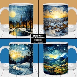 Starry Night Landscapes Mug Wrap Bundle, 11oz and 15oz Mug Template, Instant Digital Download, Mug Sublimation PNG, Starry Night Mug Designs