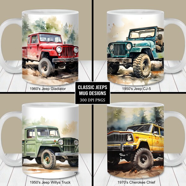 Klassische Jeeps Becherverpackungs-Bundle, 11 Unzen und 15 Unzen Bechervorlage, sofortiger digitaler Download, Becher Sublimation PNG, Jeep Kaffeebecher