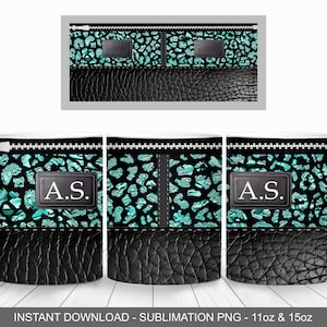 Emballage de tasse de turquoise glam ajouter des initiales, modèle de tasse de 11 oz et 15 oz, téléchargement immédiat, sublimation de tasse PNG, emballage de tasse de sac à main de designer