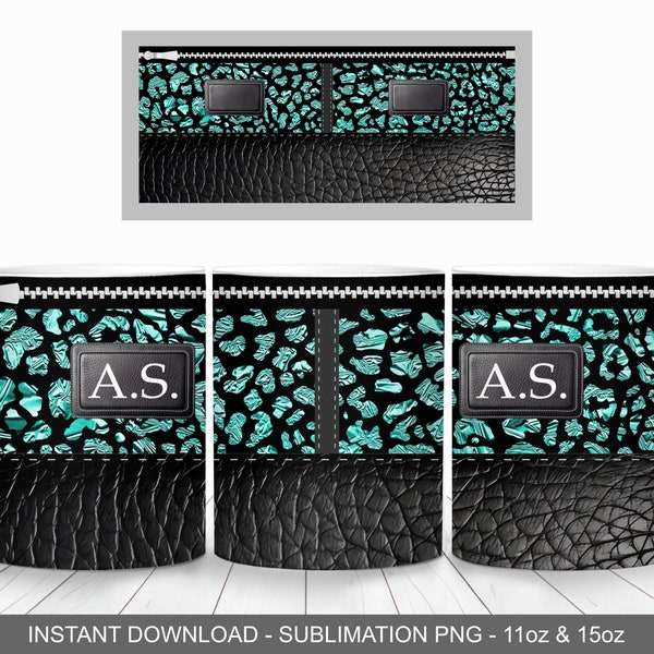 Turquoise Glam Add Initials Mug Wrap, 11oz and 15oz Mug Template, Instant Download, Mug Sublimation PNG, Designer Purse Mug Wrap