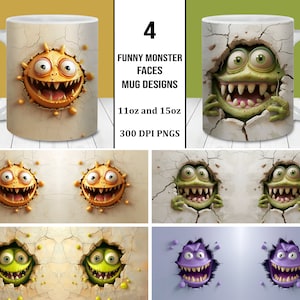 Lustige Monster-Gesichter Mug Wrap Bundle, sofortiger digitaler Download, 11 Unzen und 15 Unzen Becher Vorlagen, Becher Sublimation PNG, Kinderbecher Designs