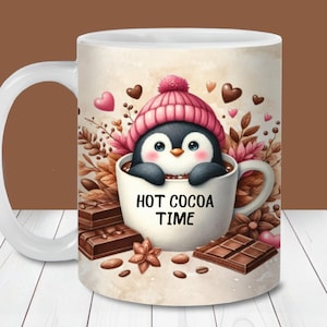 Emballage de tasse de cacao chaud pingouin, modèles de tasse de 11 oz et 15 oz, sublimation de tasse de Noël de chocolat chaud personnalisée PNG, cadeau pour fille