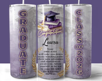 Purple Gold Graduation 2026 Tumbler Wrap, Personalized Gift (20oz PNG), Instant Download