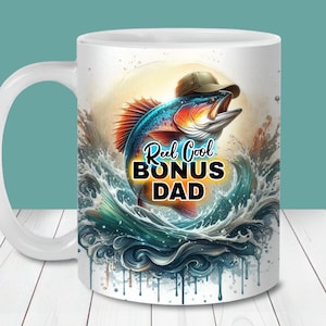 Reel Cool Bonus Dad Mug Wrap PNG, 11oz en 15oz Mug Wrap Template, Instant Download, Mok Sublimatie PNG, Bonus Dad Fish Koffiemok