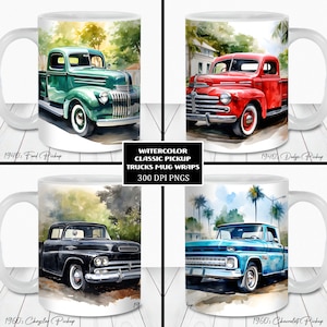 Bundle d'emballage de tasse de camionnettes classiques aquarelle, modèle de tasse de 11 oz et 15 oz, téléchargement numérique instantané, sublimation de tasse PNG, tasse de camion de ferme