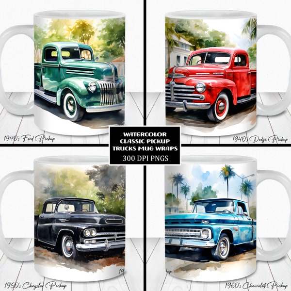 Watercolor Classic Pickup Trucks Mug Wrap Bundle, 11oz and 15oz Mug Template, Instant Digital Download, Mug Sublimation PNG, Farm Truck Mug