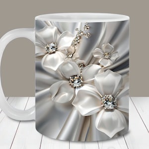 Emballage de tasse de fleurs blanches en diamant 3D, modèle de tasse de 11 oz et 15 oz, sublimation de tasse PNG, téléchargement immédiat, tasse à café pour la fête des mères
