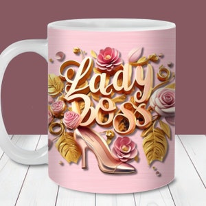 Lady Boss Mug Wrap, plantilla de taza de 11 oz y 15 oz, descarga digital instantánea, sublimación de taza PNG, taza de regalo de cumpleaños, diseño de taza rosa y dorada