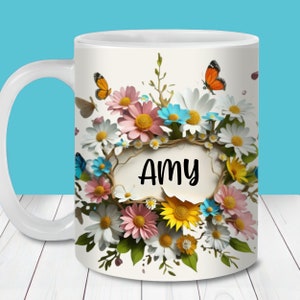 Naam toevoegen bloemen mokomslag, moksjabloon van 11 en 15 oz, instant digitale download, moksublimatie, png, mok verjaardagscadeau, gepersonaliseerde mok