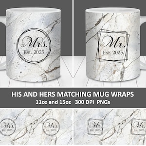 Mr and Mrs 2025 Black White Mug Wraps PNG, 11oz and 15oz Mug Template Sublimation PNG, Instant Digital Download, His and Hers Matching Mugs