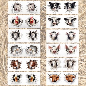 May include: A set of 10 pairs of animal face stickers. Each sticker features a different animal, such as a cat, dog, chicken, donkey, duck, pig, goat, horse, and cow. The animals are shown peeking out of a hole in a white wall.