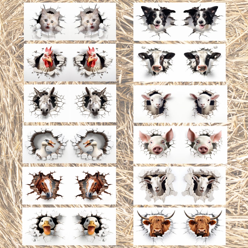 May include: A set of 10 pairs of animal face stickers. Each sticker features a different animal, such as a cat, dog, chicken, donkey, duck, pig, goat, horse, and cow. The animals are shown peeking out of a hole in a white wall.