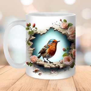 3D Robin Hole in a Wand Becher, 11 Unzen und 15 Unzen Becher Vorlage, Sofortiger digitaler Download, Becher Sublimation PNG, Vogel Becher Design, Rotkehlchen Becher