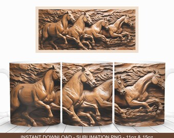 Envoltura de taza de cuero repujado 3D con caballos, plantillas para tazas de 325 ml y 400 ml, descarga digital instantánea, PNG para taza de animales de granja, envoltura para taza con caballos corriendo