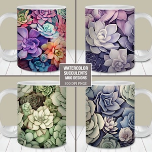 Watercolor Succulents Mug Wrap Bundle, 11oz and 15oz Mug Template, Instant Digital Download, Mug Sublimation PNG, Floral Mug Designs