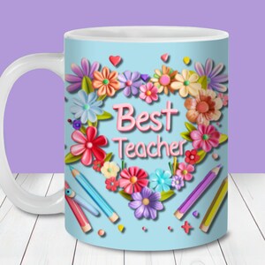 Beste leraar bloemenmok wrap, 11 oz en 15 oz mok sjabloon, instant digitale download, mok sublimatie PNG, leraar koffiemok
