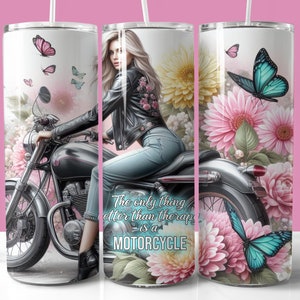 Zabawny cytat terapii motocyklowej Tumbler Wrap, 20oz Skinny Tumbler Sublimacja PNG, Kobieta na motocyklu Tumbler, Prosta i zwężana owijka
