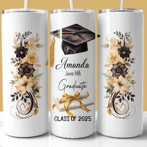 Envoltura para vaso de graduación de 2025 en color dorado y negro, vaso delgado de 20 oz PNG, regalo de graduación personalizado, vaso de graduación de 2025
