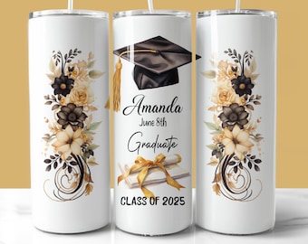 Gold Black Graduate Class of 2025 Tumbler Wrap, 20oz Skinny Tumbler PNG, Personalized Graduation Gift, Graduate Class of 2025 Tumbler