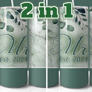 Envoltura de vaso Mr and Mrs 2024, Vaso delgado de 20 oz PNG, Diseño de vaso Mr and Mrs de hojas verdes y blancas, Regalo de boda