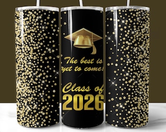 Gold Glitter 20oz Graduation Tumbler Wrap, Personalized Gift 20oz PNG (Instant Download), Class of 2026, Custom Name and Date