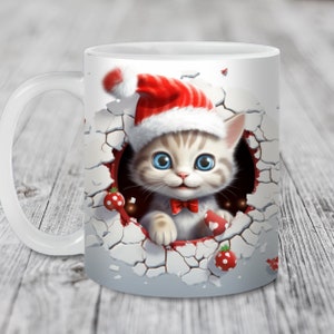 3D Katze Loch in einer Wand Tasse Wrap, 11oz & 15oz Tasse Wrap Vorlage PNG, Sofortiger digitaler Download, Tasse Sublimation PNG, 3D Weihnachten Tasse Design