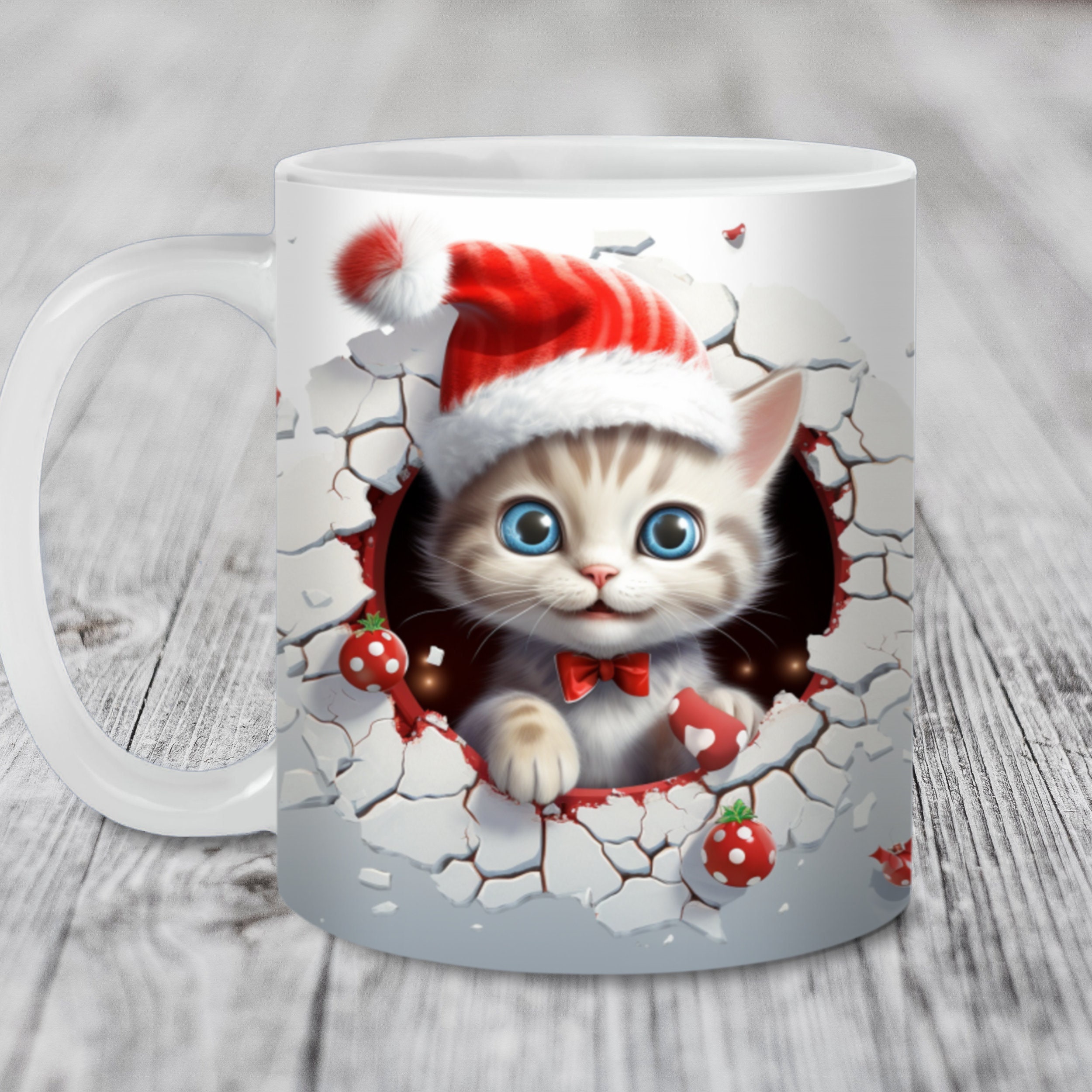 3D Cat Hole in a Wall Mug Wrap, 11oz & 15oz Mug Wrap Template PNG, Instant Digital Download, Mug Sublimation PNG, 3D Christmas Mug Design