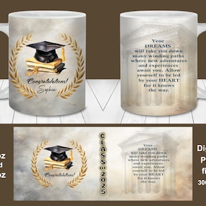 Taza de graduación dorada y negra 2025 PNG, plantilla de taza de 11 oz y 15 oz, regalo de graduación personalizado, taza de la clase de graduados de 2025 png